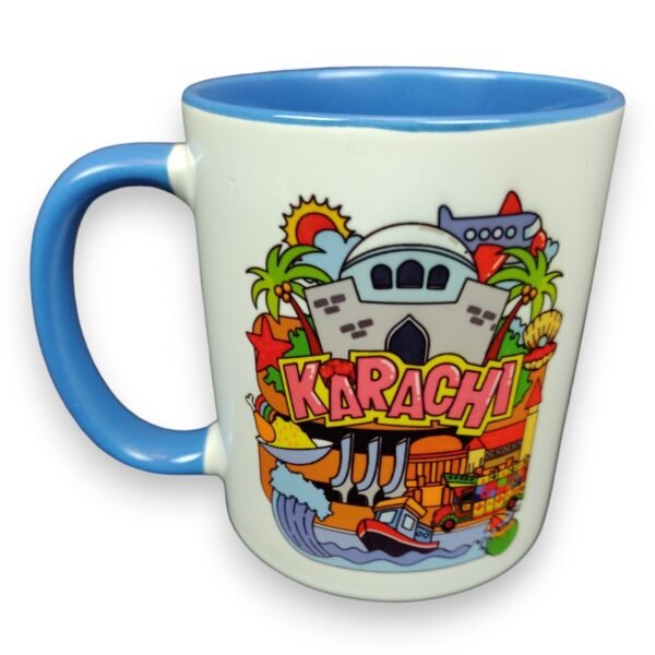 A mug depicting Karachi city's sights and sounds